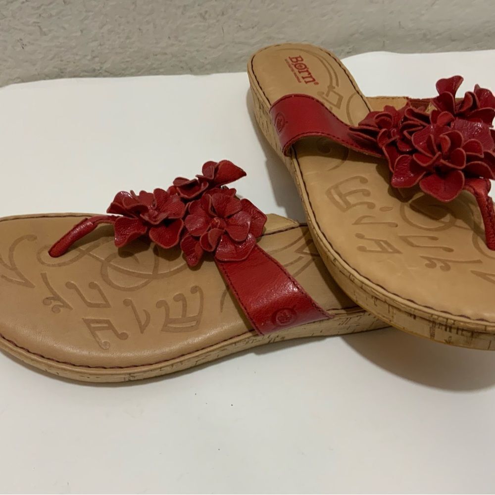 Born Sandals Size 10/ 42 Red Leather Flower Boho Retro Dress Excellent